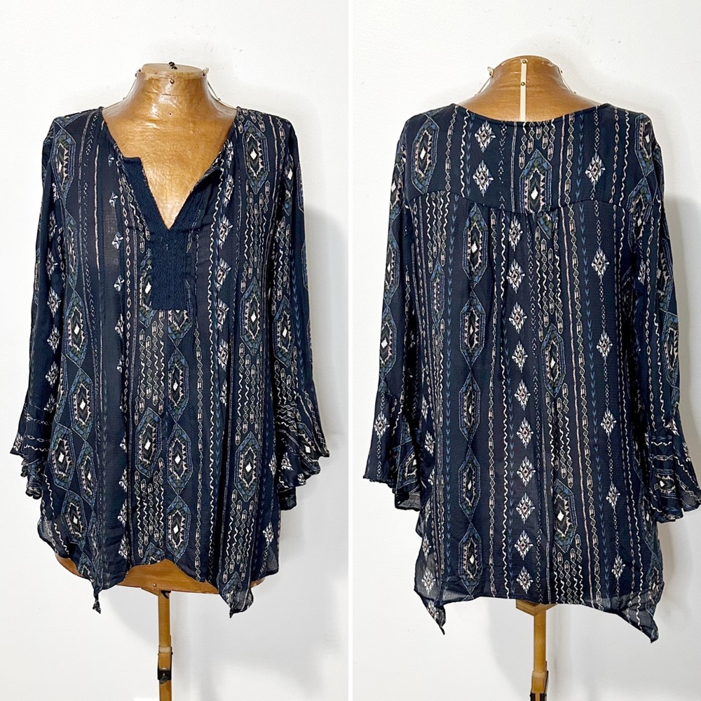 Haute Hippie Tribe Mirene Handkerchief Hem Western Print Blouse Navy Blue